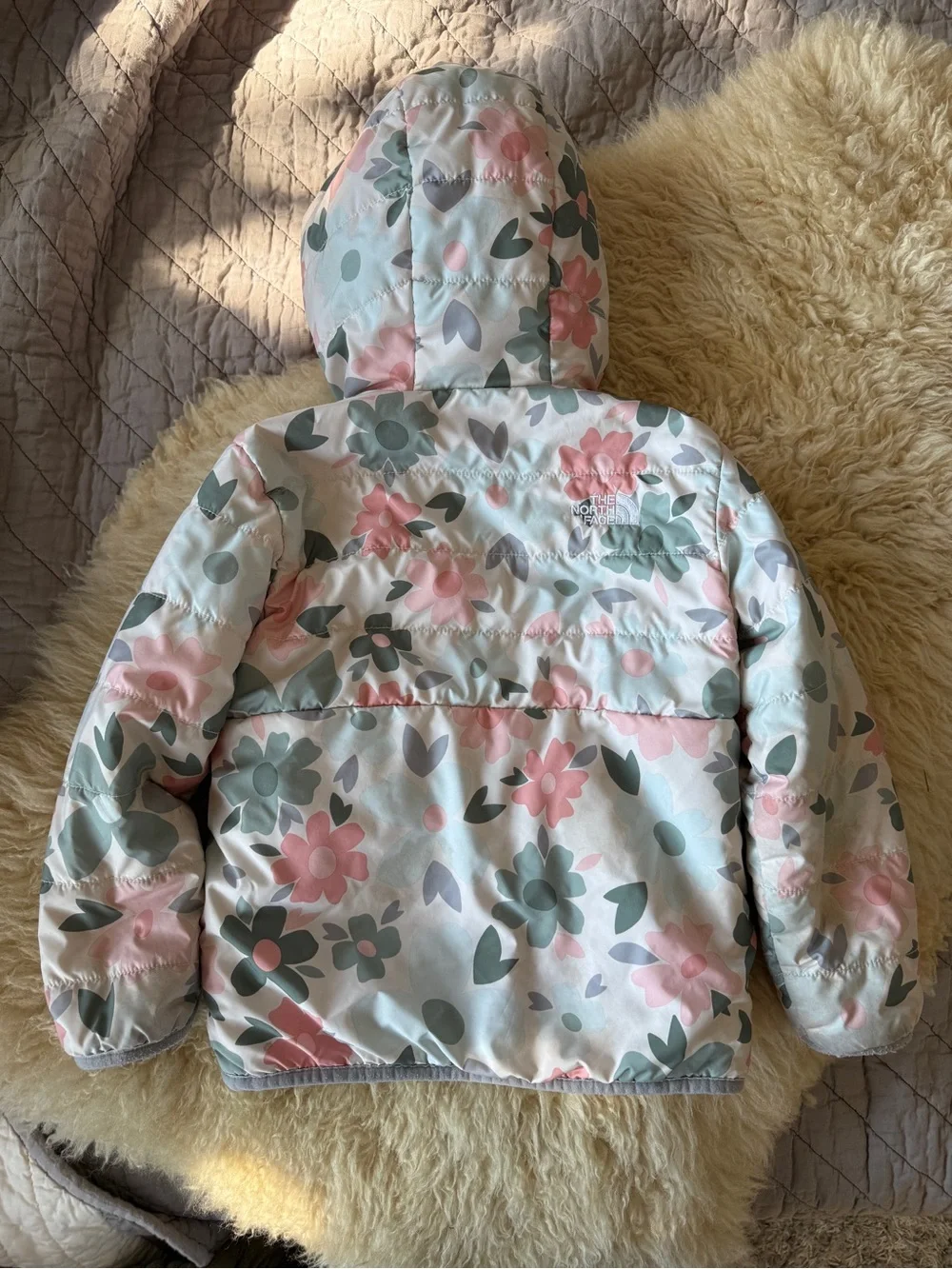 The North Face Little Girls Floral Reversible Puffer Jacket in Pink & Sage
